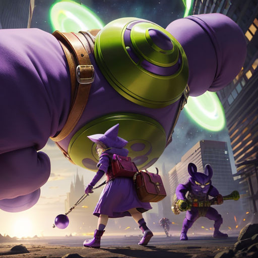 a group of people in a city with a giant purple object in the middle of the picture and a person in a purple outfit