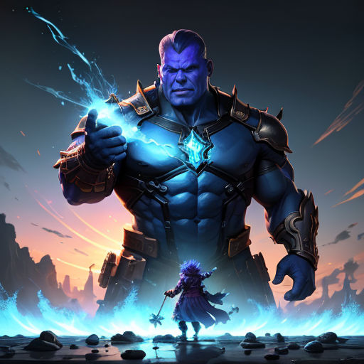 a character from the video game blizzard, with a blue light in his hand and a purple light in his hand