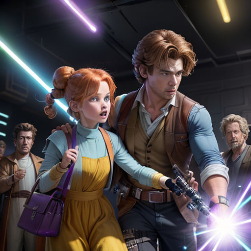a group of people in a star wars scene with lightsabers and a woman holding a gun and a man with a gun