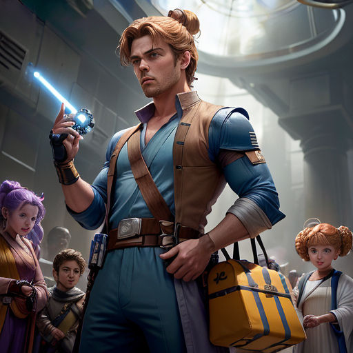 a man in a star wars outfit holding a light saber and a bag with other people standing around him