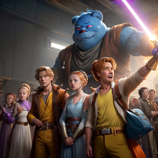 a group of people standing next to each other in front of a star wars poster with a giant blue character