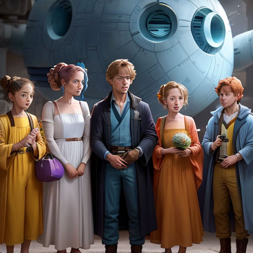 a group of people standing next to each other in front of a star wars scene with a giant object