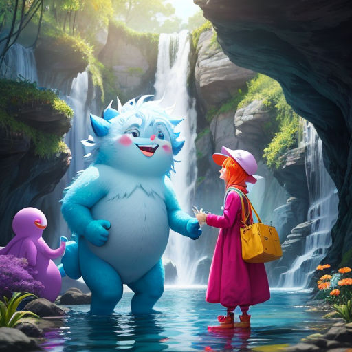 a cartoon character is shaking hands with a monster in a waterfall scene with a waterfall in the background and a girl in a pink dress