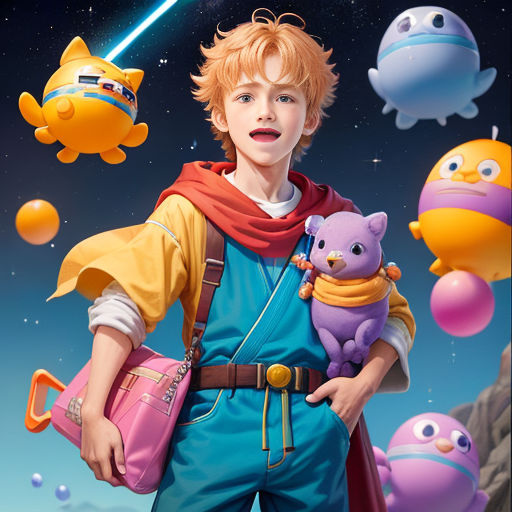 a boy holding a teddy bear in his arms in front of a space scene with flying objects and a star