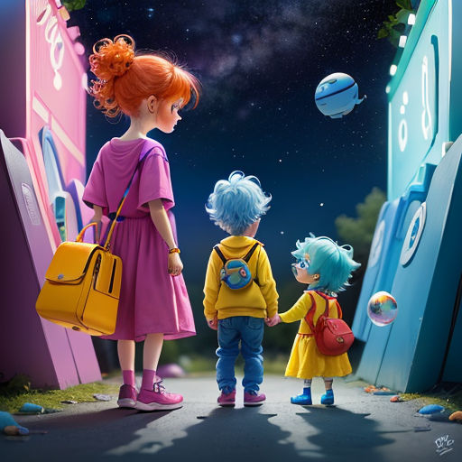 a painting of two children holding hands in front of a space station with a rocket in the background and a moon in the sky