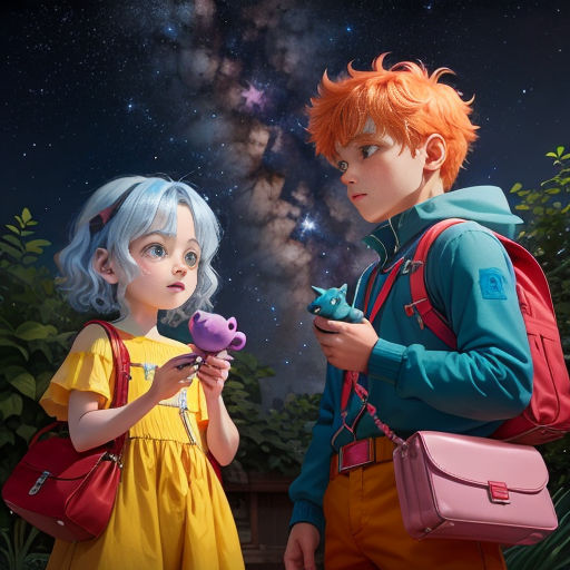 a boy and a girl are looking at a phone in the sky with a star field in the background