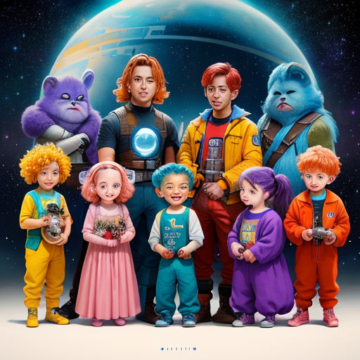 a group of people standing next to each other in front of a planet with a blue light above them