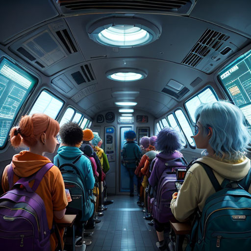a group of people riding on a bus with backpacks on the back of them and looking out the window