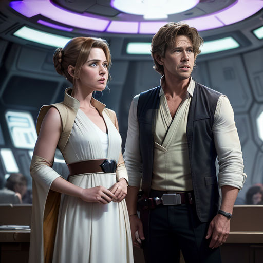 a man and a woman in a star wars scene standing next to each other in a room with lights on