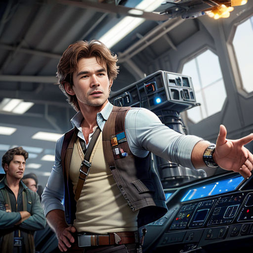 a man pointing at something while standing in front of a control panel with other men in the background in a star wars game