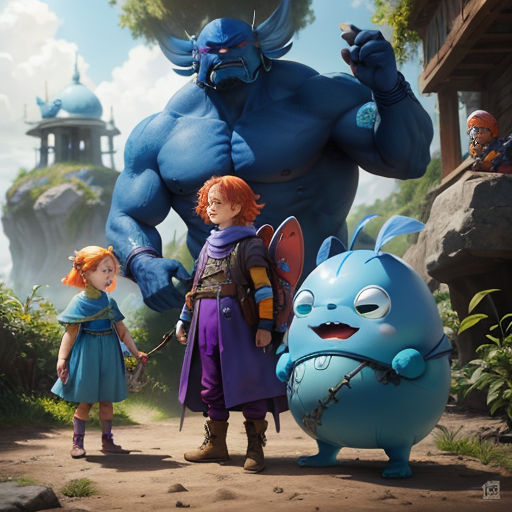 a cartoon character and a child standing in front of a giant blue creature in a forest with other characters