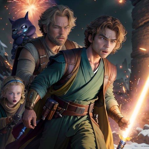 a man and a child are in front of a star wars scene with a giant light saber and a cat