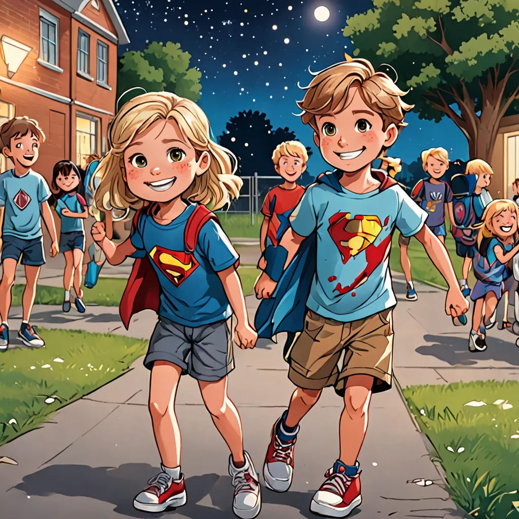 a group of children walking down a sidewalk at night with a school bus in the background and a full moon in the sky, lyco art, a comic book panel, Cliff Childs, comic cover art