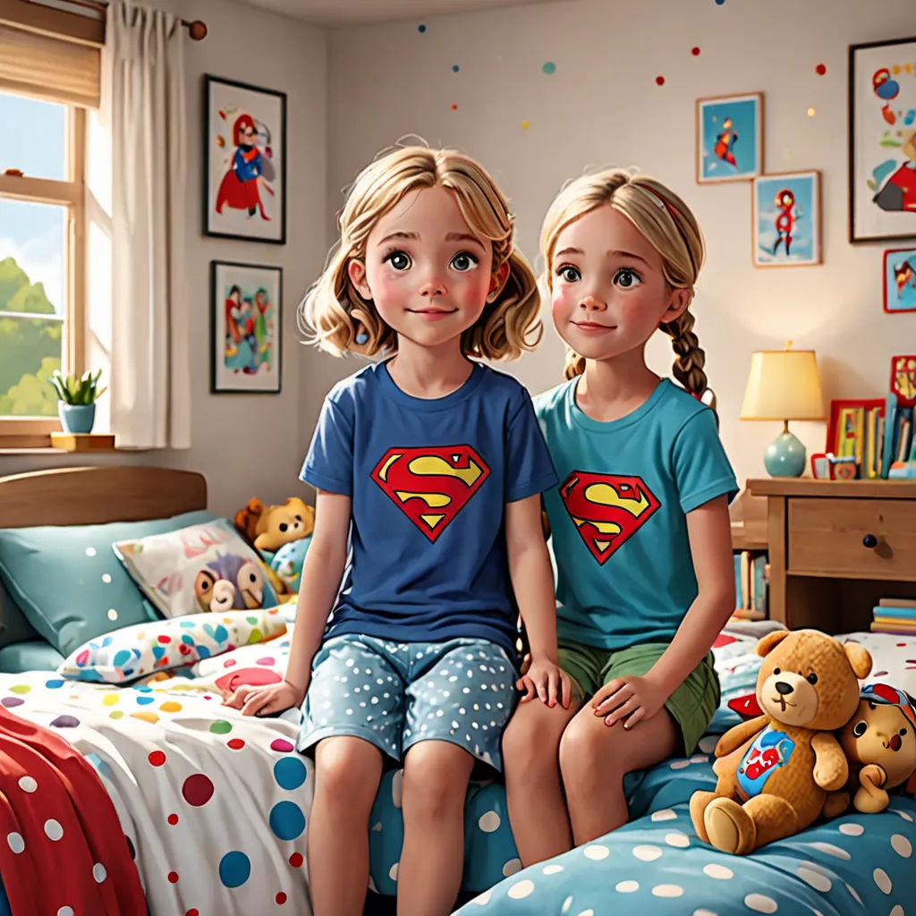 two little girls sitting on a bed with a teddy bear and a teddy bear toy in front of them, photorealism, a photorealistic painting, Caroline Lucy Scott, cgstudio