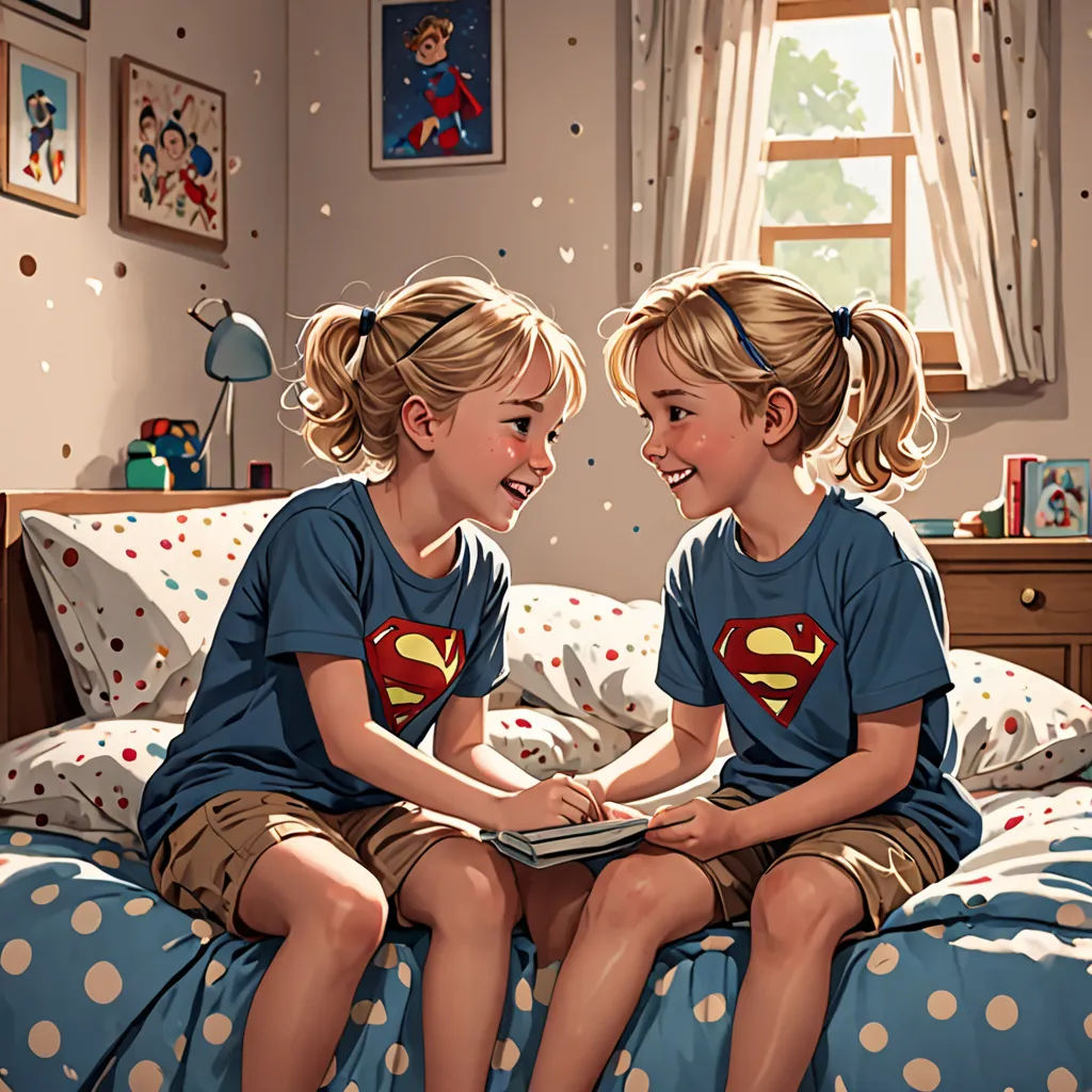 two little girls sitting on a bed with a book in their hands and smiling at each other with a superman t - shirt on, photorealism, a comic book panel, Artgerm, comic book