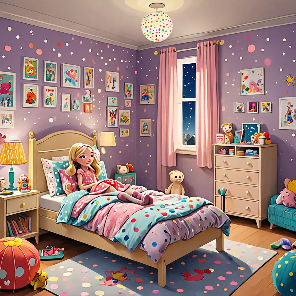 a girl is laying in her bed in a bedroom with polka dot wallpaper and a teddy bear rug, pop surrealism, a storybook illustration, Annabel Kidston, detailed painting