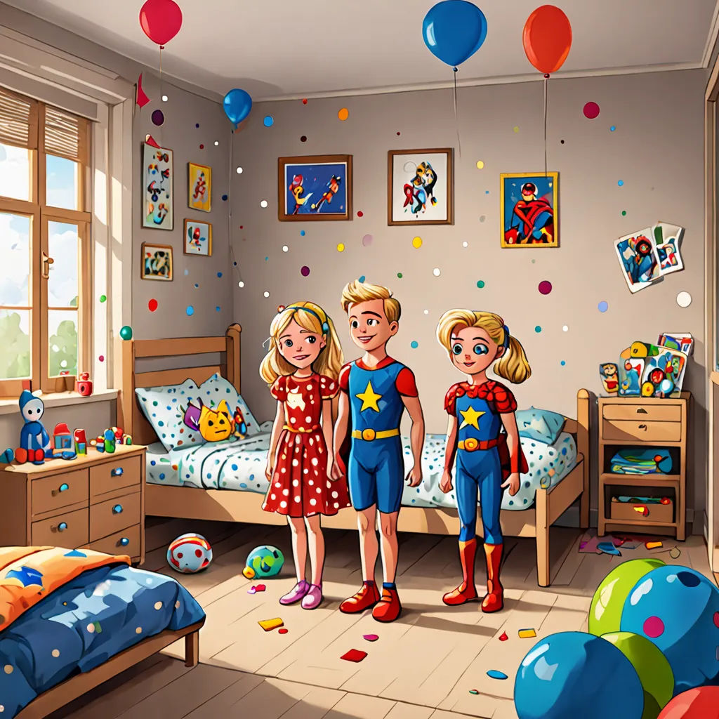 a cartoon of a boy and a girl in a bedroom with balloons and confetti on the floor, lyco art, a storybook illustration, Diego Gisbert Llorens, promotional image