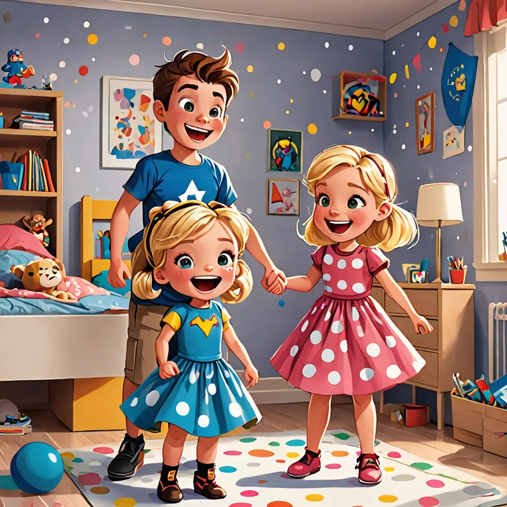 a cartoon of a family in a bedroom with a child on the floor and a child on the bed, lyco art, a storybook illustration, Diego Gisbert Llorens, official art