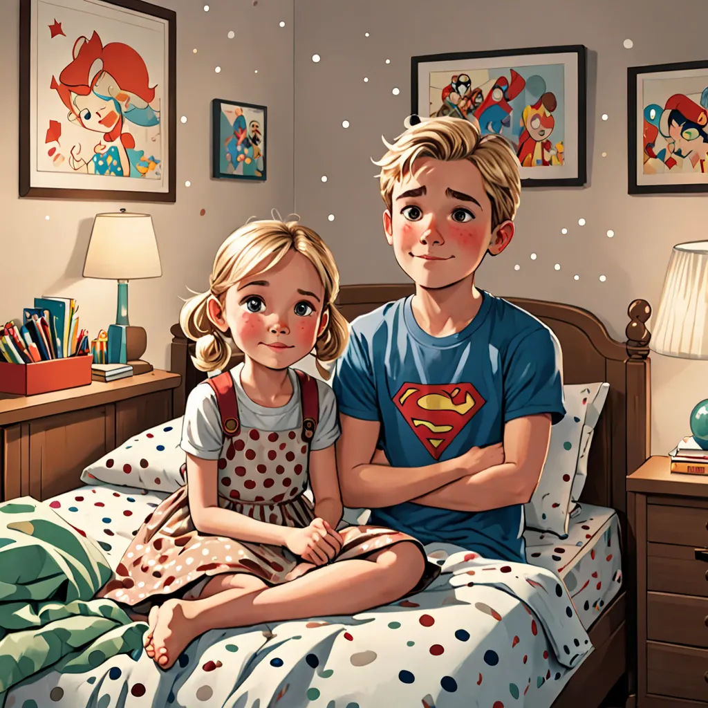 a boy and girl sitting on a bed in a bedroom with a superman t - shirt on and a polka dot blanket, photorealism, a comic book panel, Diego Gisbert Llorens, comic book