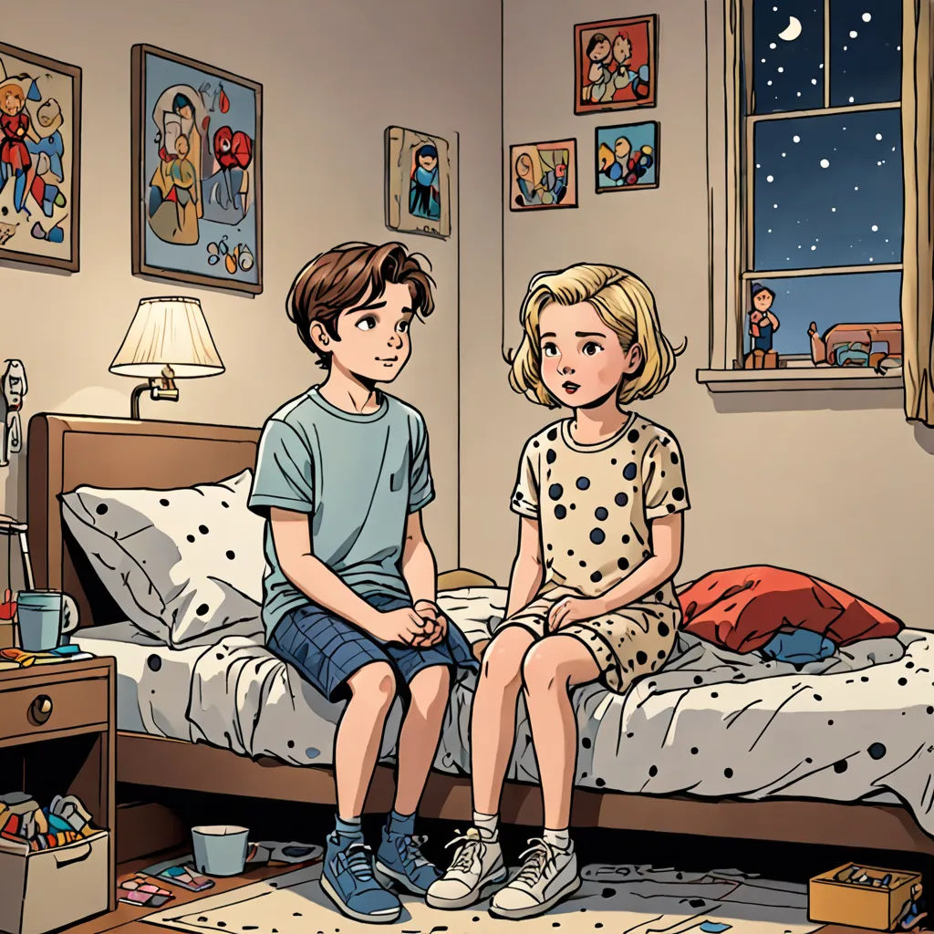 a boy and a girl sitting on a bed in a bedroom with a window and a night sky above them, serial art, a comic book panel, Diego Gisbert Llorens, comic book
