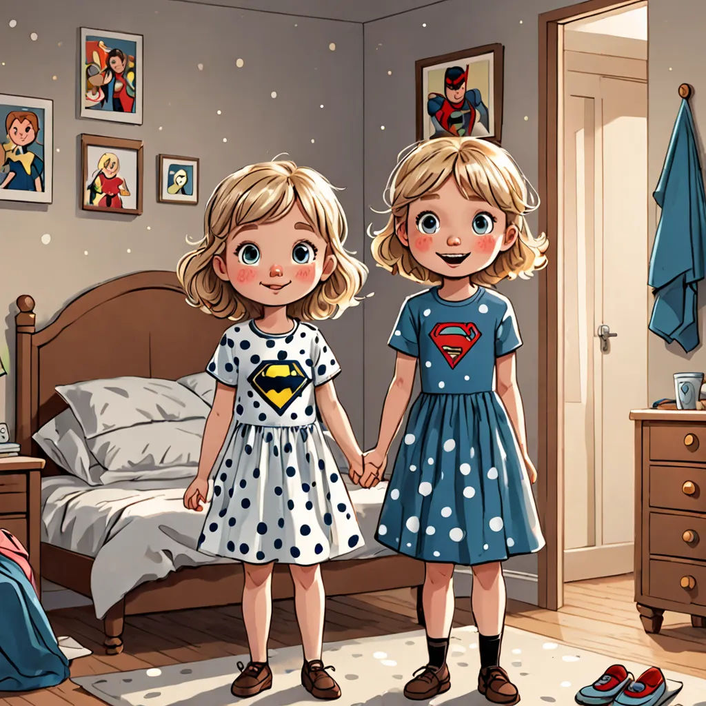 two little girls are holding hands in a bedroom with a bed and a dresser with a superman t - shirt on, lyco art, a storybook illustration, Diego Gisbert Llorens, comic book