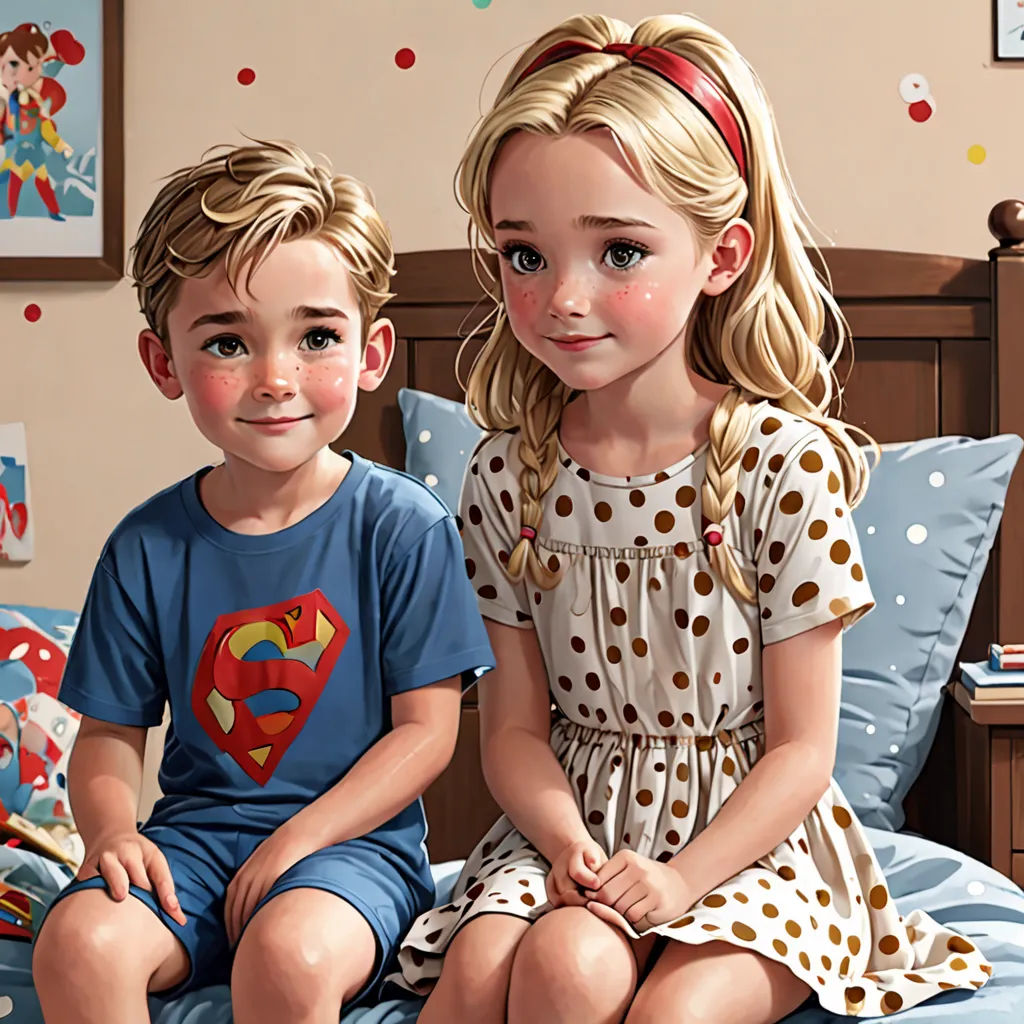 a painting of two children sitting on a bed together, one of them is wearing a superman shirt and the other is wearing a superman shirt, hyperrealism, a storybook illustration, Diego Gisbert Llorens, stanley artgerm lau