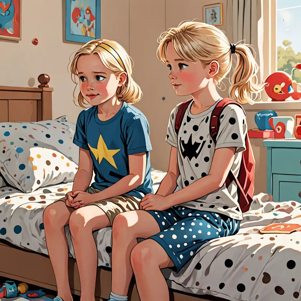 two little girls sitting on a bed in a bedroom with a window and a painting of a boy and girl, photorealism, a comic book panel, Diego Gisbert Llorens, comic book