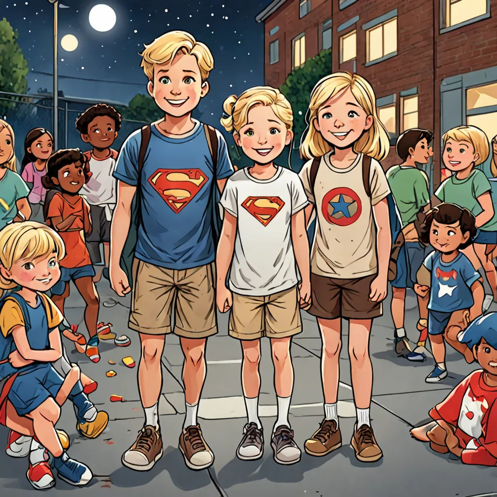 a group of children standing on a street next to a crowd of people in front of a building at night, lyco art, a comic book panel, Altichiero, comic cover art