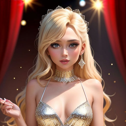a beautiful blonde woman in a gold dress with a tiara and a cigarette in her hand, with a red curtain behind her