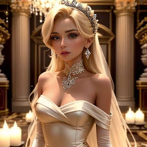 a woman in a wedding gown with a tiara and a veil on her head and a candle lit room in the background