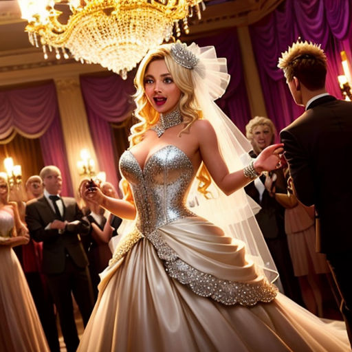 a woman in a wedding dress is dancing in a ballroom with other people in the background and a chandelier