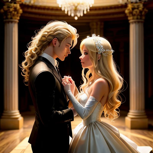 a man and a woman dressed in formal wear standing in a ballroom looking at each other with a chandelier hanging from the ceiling
