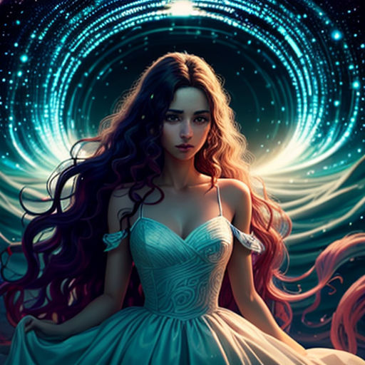 a woman in a dress sitting on a rock with a star in the background and a light blue swirl