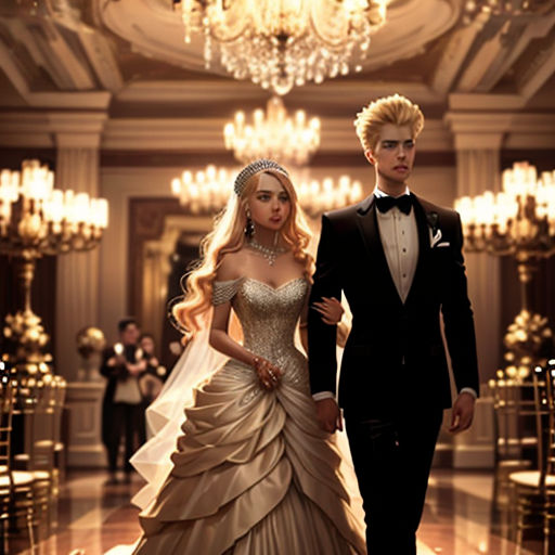 a man and a woman in formal wear walking down a hall together in formal wear and tuxedos