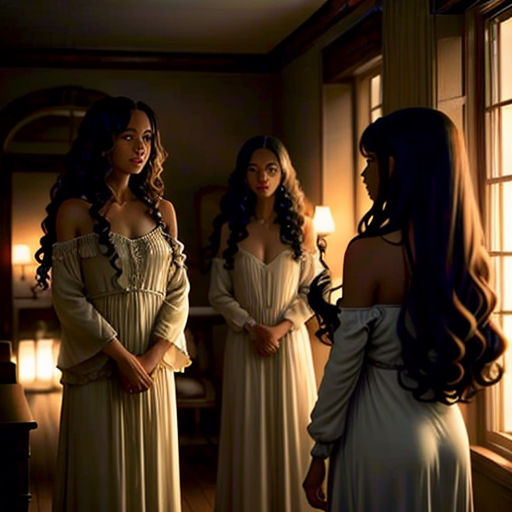 a group of women standing in a room next to each other in dresses and hair in front of a window