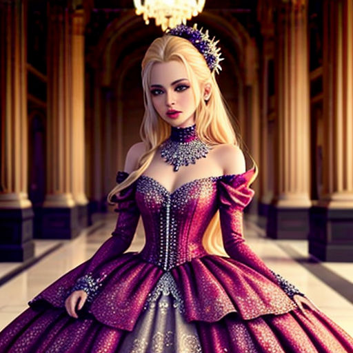 a woman in a dress with a tiara and a dress with a flower on it, standing in a hall