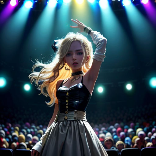 a woman in a dress is standing in front of a crowd of people in a theater with a microphone