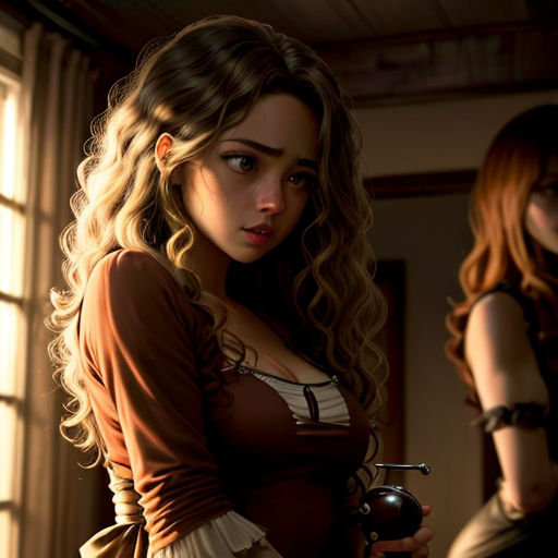 a woman in a brown dress holding a gun and a gun in her hand and another woman in a brown dress behind her