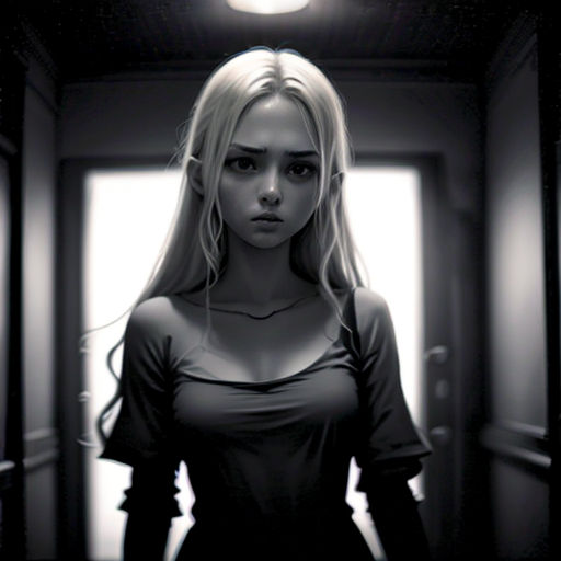 a woman standing in a hallway with a light on her head and a black and white photo of her
