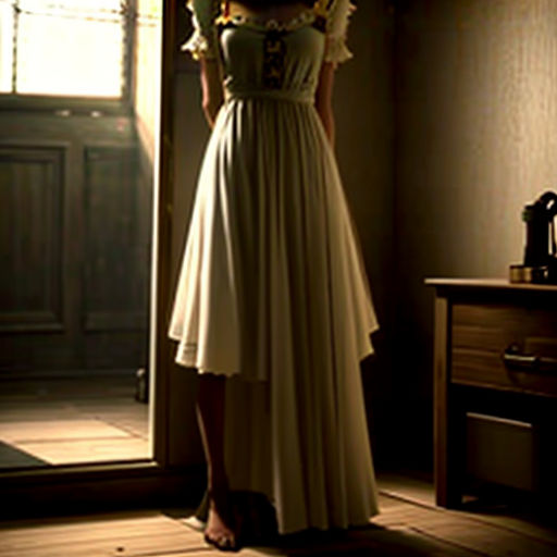 a woman in a dress standing in a doorway with a clock on the wall behind her and a door open