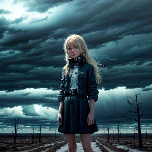 a woman standing on a path in a field under a cloudy sky with a black sky behind her and a dark sky with clouds