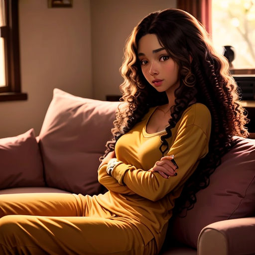 a woman sitting on a couch with her arms crossed and her legs crossed, wearing a yellow dress and a watch