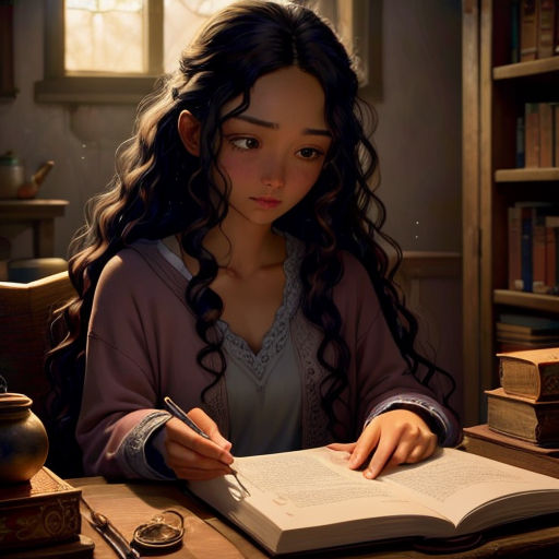 a woman sitting at a desk with a book and pen in her hand and a book in front of her