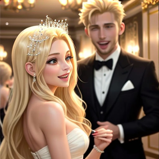 a man in a tuxedo and a blonde haired woman in a white dress and a man in a tuxedo