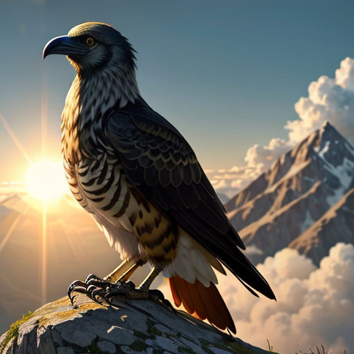 a bird sitting on top of a rock in the mountains with the sun shining behind it and clouds in the sky