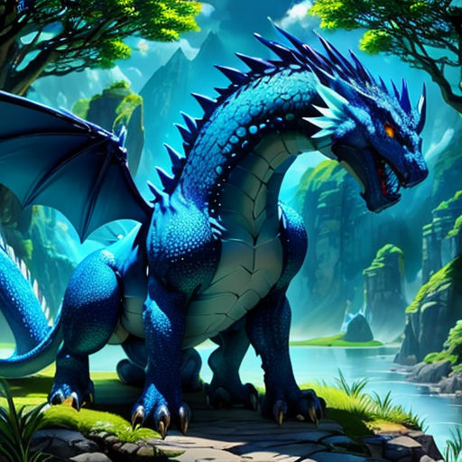 a blue dragon standing in the middle of a forest with a river in the background and a mountain in the background
