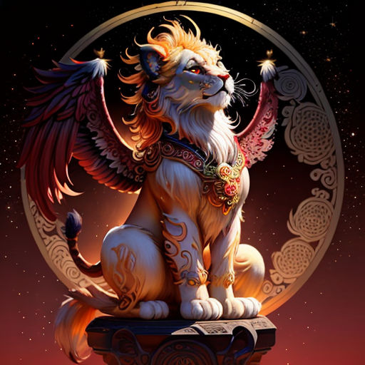 a lion statue sitting on top of a pedestal in front of a red sky with stars and a crescent