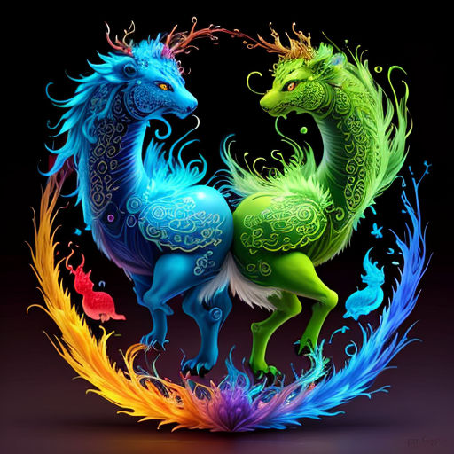 a colorful dragon with a colorful tail and tail, on a black background, with a circular design of feathers