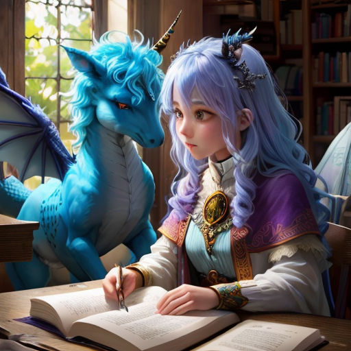 a girl sitting at a table with a dragon next to her writing a book in front of her,