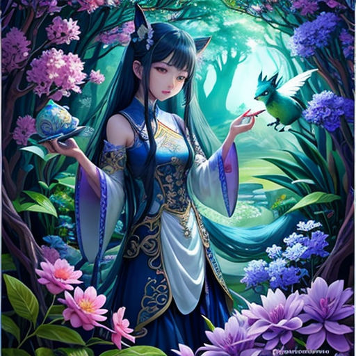 a woman in a blue dress holding a bird in a forest with flowers and trees around her, and a bird on her hand